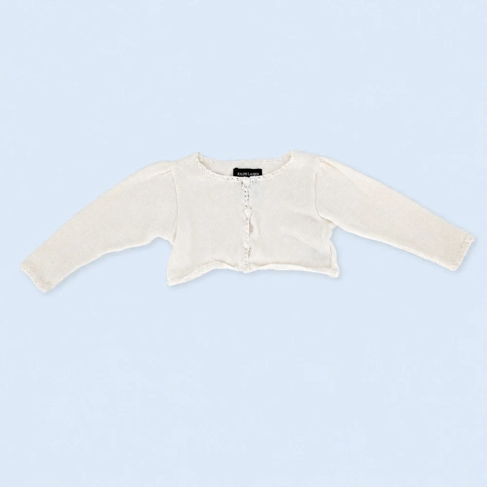 Ralph Lauren Shrug Cardigan Baby Girl 9M White 100% Cotton Crop Bolero Sweater